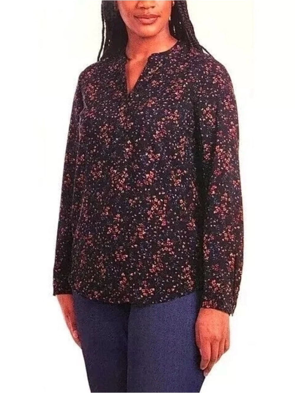 Hilary Radley Black Floral Long-Sleeve Split-Neck Blouse NWT Size L